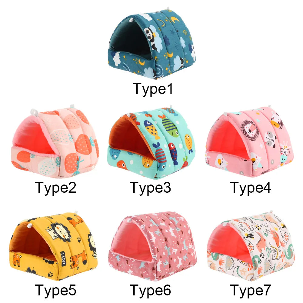 Cute Cartoon Plush Hanging Pet Nest — Warm Small Animal Sleeping Bed for Hamster, Guinea Pig, Rabbit (S/M/L/XL 3.15–7.87 in / 8–20 cm)