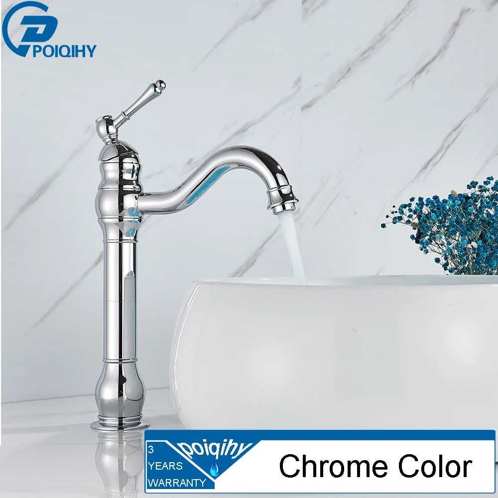 Antique Brass Vessel Sink Faucet Deck-Mounted Single-Hole Bathroom Basin Mixer Tap, Single Handle, Hot & Cold