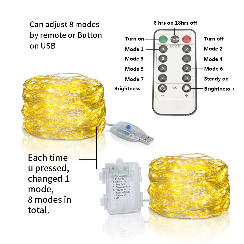 Copper Wire LED Fairy String Lights USB & Battery Operated with Remote — 5m / 10m / 20m (16.4ft / 32.8ft / 65.6ft) Dimmable Warm White & Multicolor