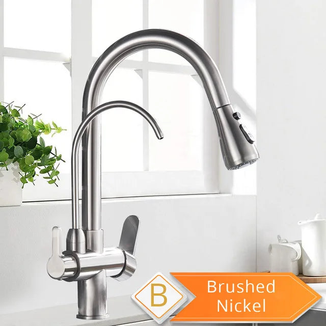 Black 360° Rotating Kitchen Faucet with Pull-Out Sprayer – 3-Way Filtered Hot & Cold Mixer Tap