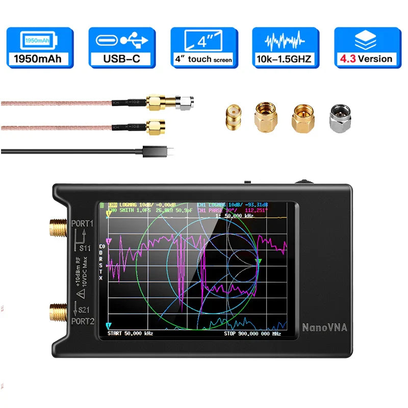 4.0-Inch (10.2 cm) Portable Vector Network Analyzer 10 kHz–1.5 GHz HF VHF UHF Antenna Analyzer with SD Card Slot, 1950 mAh Battery, USB-C