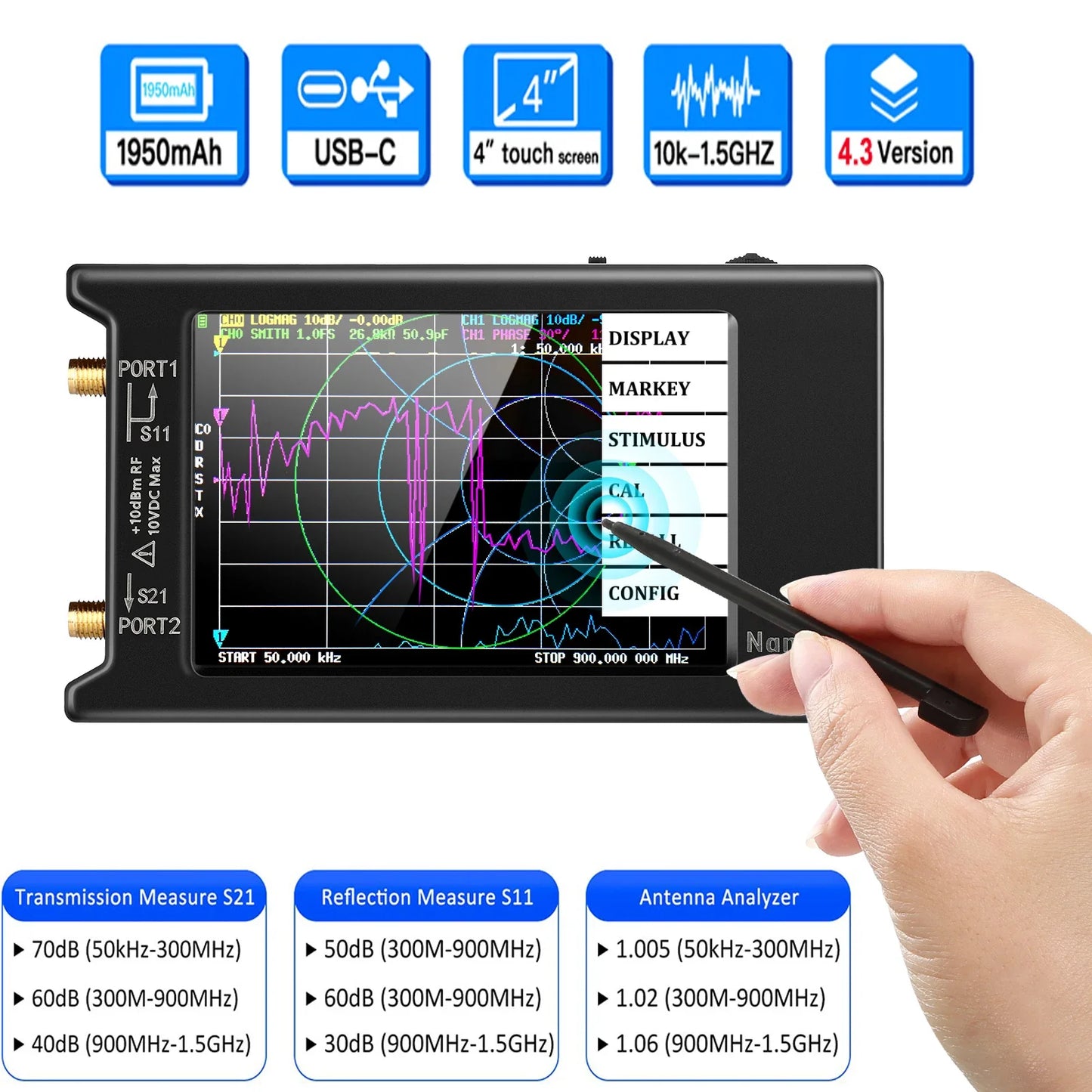 4.0-Inch (10.2 cm) Portable Vector Network Analyzer 10 kHz–1.5 GHz HF VHF UHF Antenna Analyzer with SD Card Slot, 1950 mAh Battery, USB-C