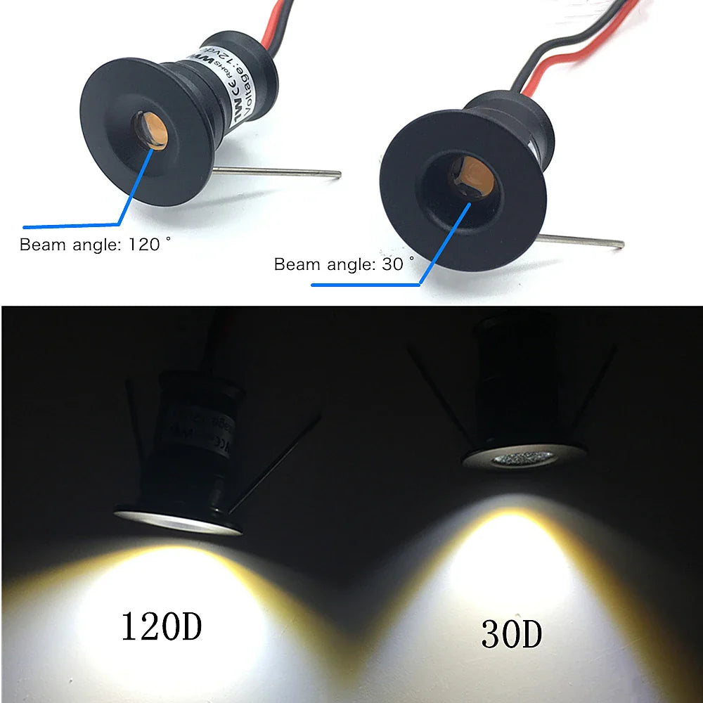 1W Mini LED Recessed Spotlight — 12V Dimmable IP65 15mm (0.59 in) Cutout 30°/120° Showcase & Ceiling Downlight