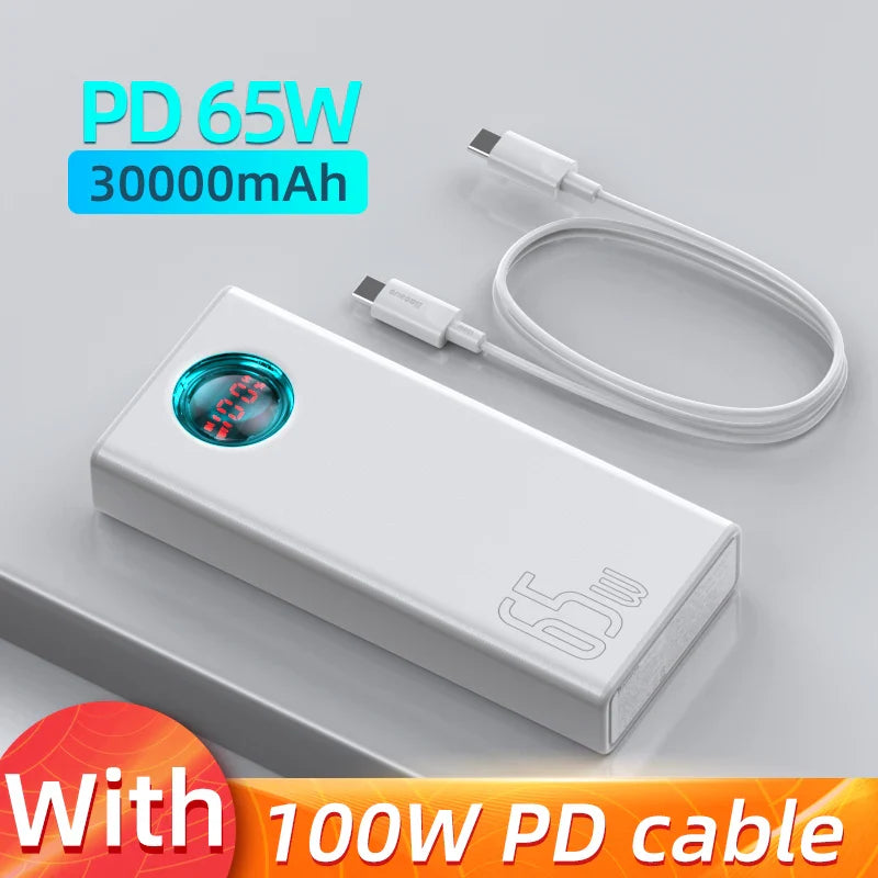 65W 30000mAh USB-C Power Bank PD Quick Charge Portable Charger with Digital Display & Built-in Cables for Smartphone and Laptop