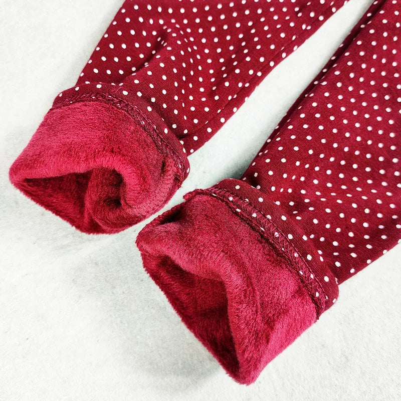 Girls Velvet Dot Leggings – Stretch Cotton Warm Winter Trousers with Elastic Waist