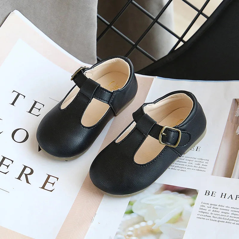 Spring and Autumn Kids T-Strap PU Leather Mary Jane Shoes Non-Slip Buckle Flats for Toddlers Girls and Boys
