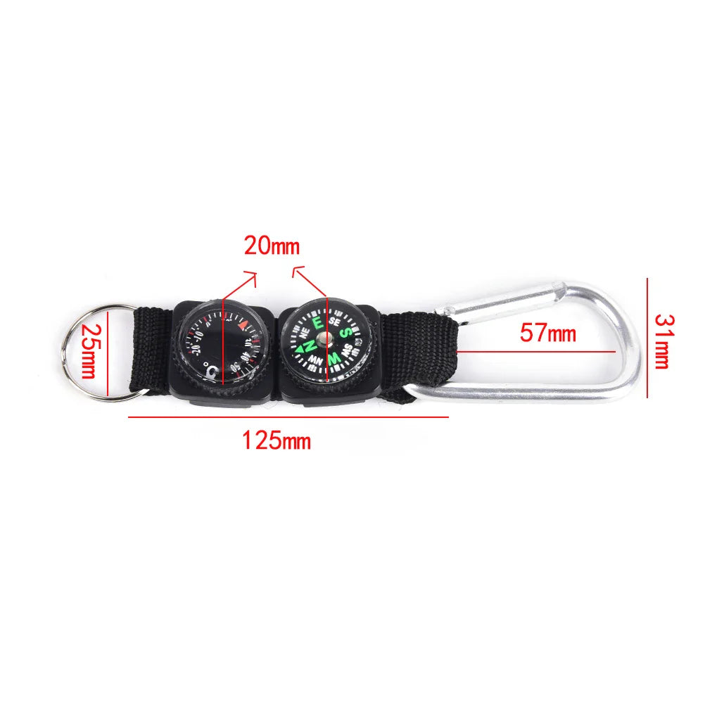 3-in-1 Mini Carabiner Keychain with Compass & Thermometer for Camping, Climbing & Hiking, Black