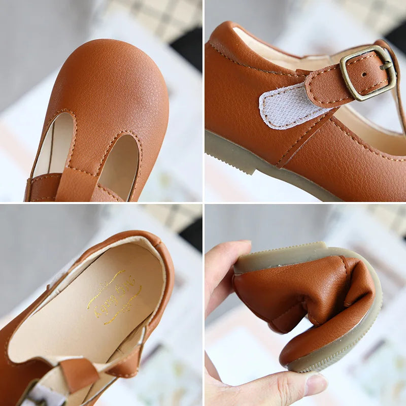 Spring and Autumn Kids T-Strap PU Leather Mary Jane Shoes Non-Slip Buckle Flats for Toddlers Girls and Boys