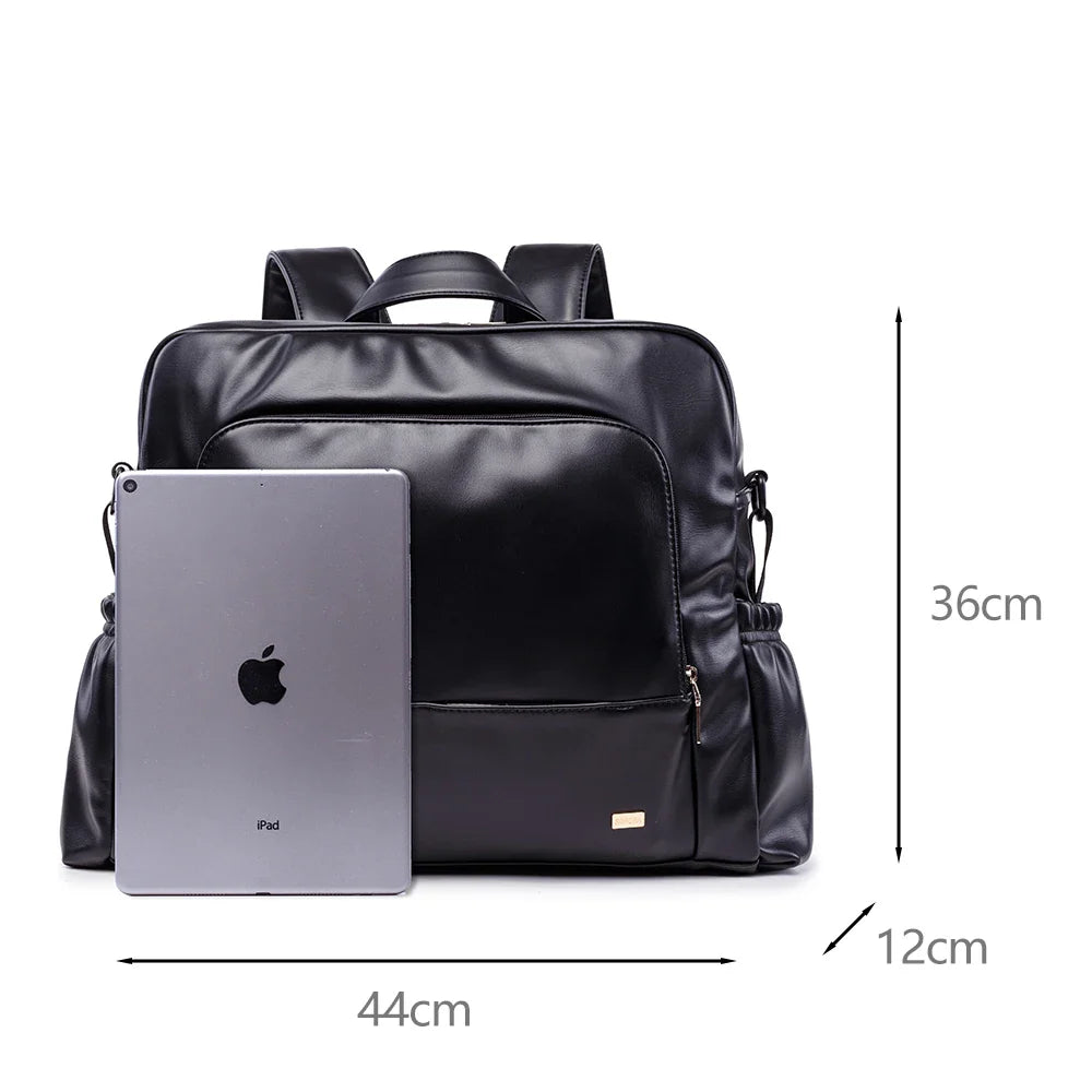 Waterproof Black Leather Diaper Bag Backpack – 24L Large Capacity Nursing Changing Bag with Zipper & Stroller Straps