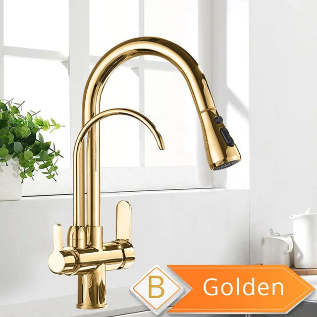 Black 360° Rotating Kitchen Faucet with Pull-Out Sprayer – 3-Way Filtered Hot & Cold Mixer Tap