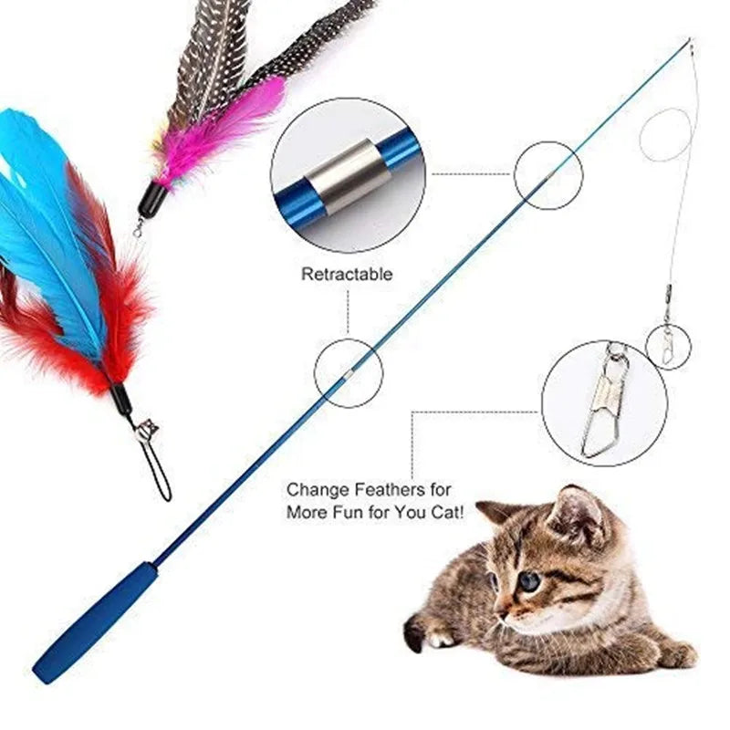 Interactive Cat Feather Teaser Wand - Retractable 15-38 in (37-100 cm) with 5 Refill Heads & Bell