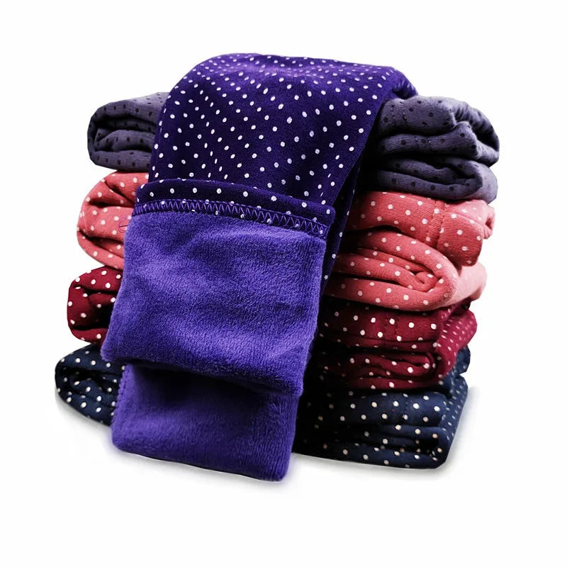 Girls Velvet Dot Leggings – Stretch Cotton Warm Winter Trousers with Elastic Waist