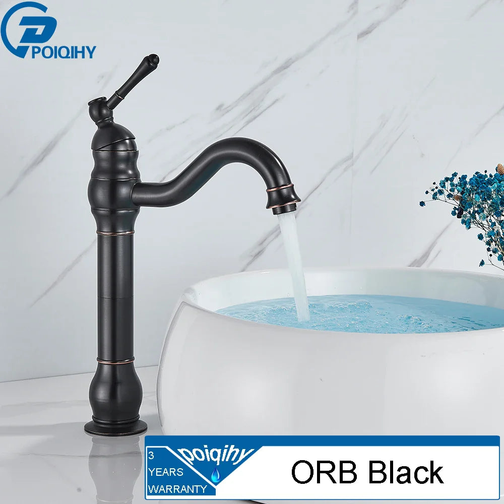 Antique Brass Vessel Sink Faucet Deck-Mounted Single-Hole Bathroom Basin Mixer Tap, Single Handle, Hot & Cold