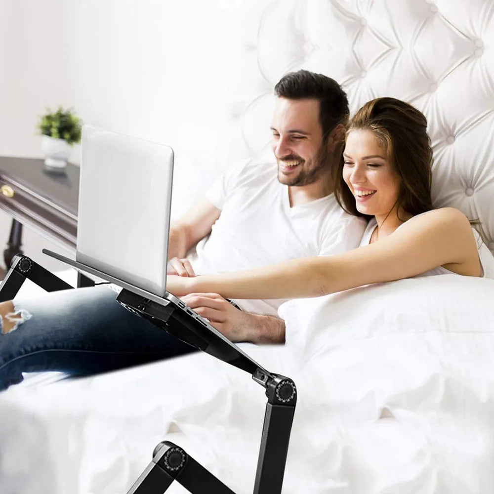 Adjustable Foldable Aluminum Laptop Stand with Cooling Fan and Removable Mouse Pad, Portable Lap Desk for Up to 17-inch Laptops