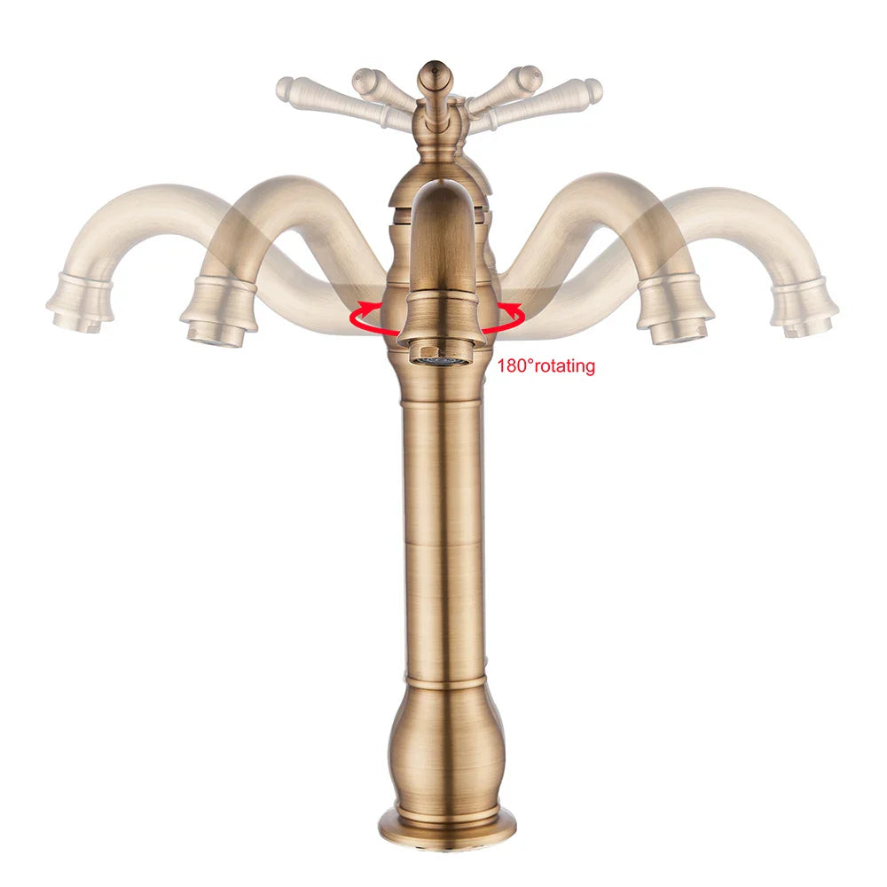 Antique Brass Vessel Sink Faucet Deck-Mounted Single Hole Hot & Cold Mixer Tap for Bathroom