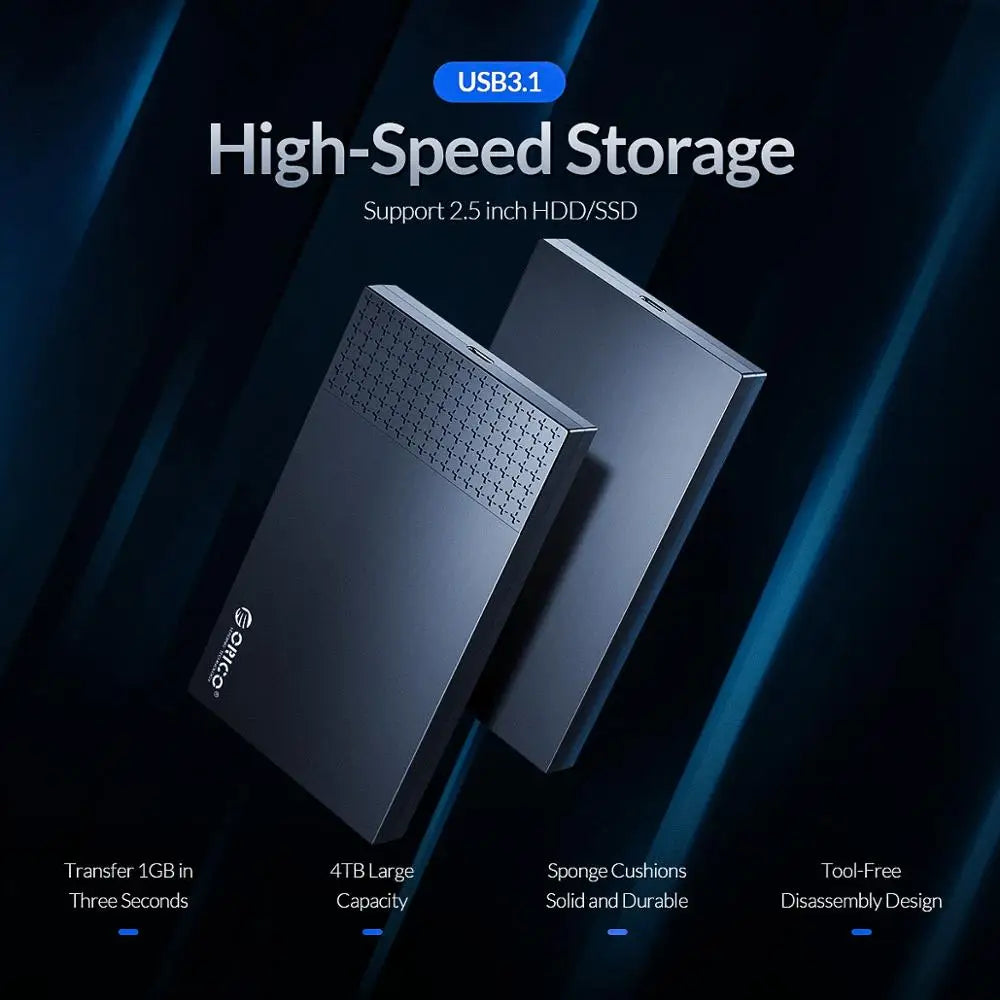 USB-C 2.5-inch (63.5 mm) SATA to USB 3.1 HDD/SSD Enclosure UASP 6Gbps - Tool-Free External Hard Drive Case