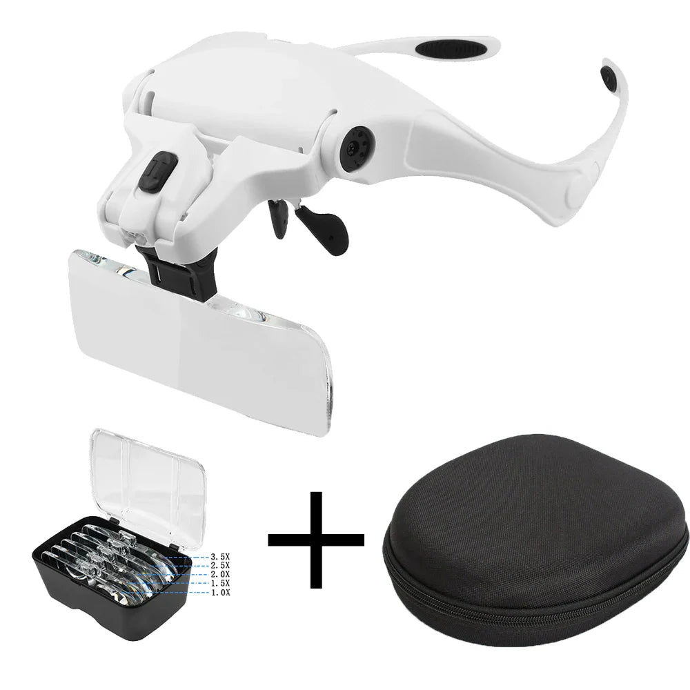 LED Headband Reading Magnifier with 5 Interchangeable Lenses (1.0x–3.5x), 2 LED Lights, Adjustable Headband & Glasses Frame