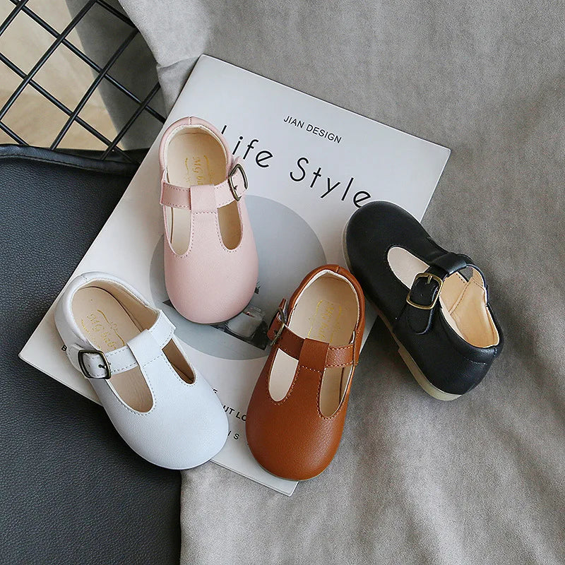 Spring and Autumn Kids T-Strap PU Leather Mary Jane Shoes Non-Slip Buckle Flats for Toddlers Girls and Boys