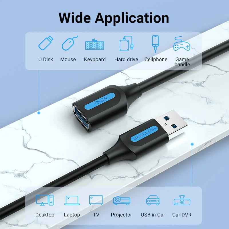 USB 3.0 Extension Cable Male to Female — 5Gbps USB 2.0/3.0 Extender Cord, Multiple Lengths 0.5–3m (1.6–9.8ft) for PC, TV, Xbox, Printer, SSD