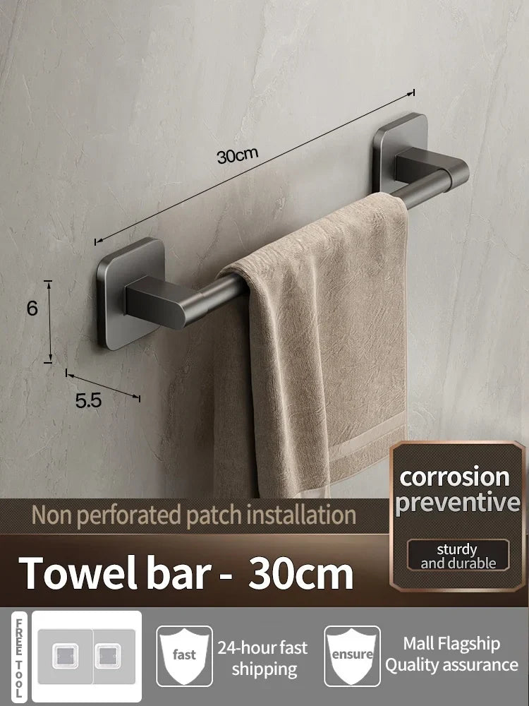 No-Drill Adhesive Towel Bar – Wall-Mount Towel Rack & Hook for Bathroom, Kitchen, Tile, Glass