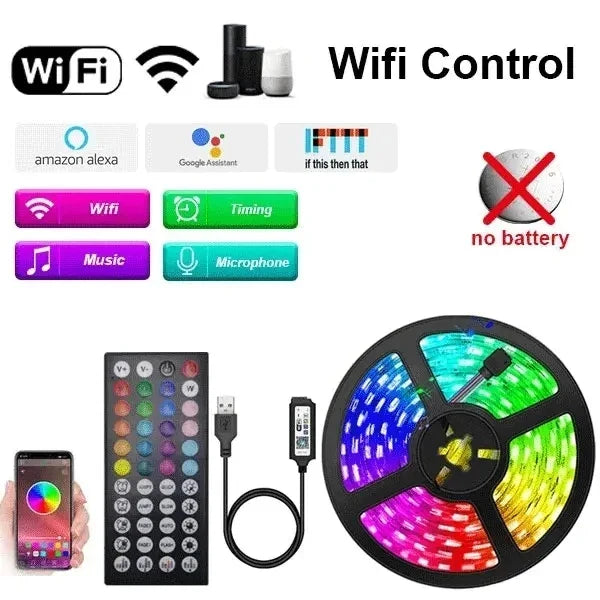 USB 5V 5050 SMD RGB LED Strip Light - Bluetooth & WiFi App with Remote, Backlight Tape (1m–30m / 3.3–98.4 ft)