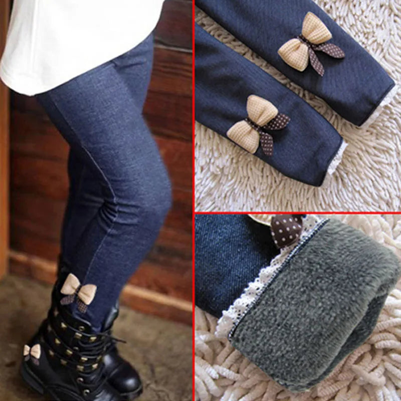 Girls Winter Thick Velvet Bow Leggings, Warm Fleece-Lined Jeans-Style Trousers for Kids