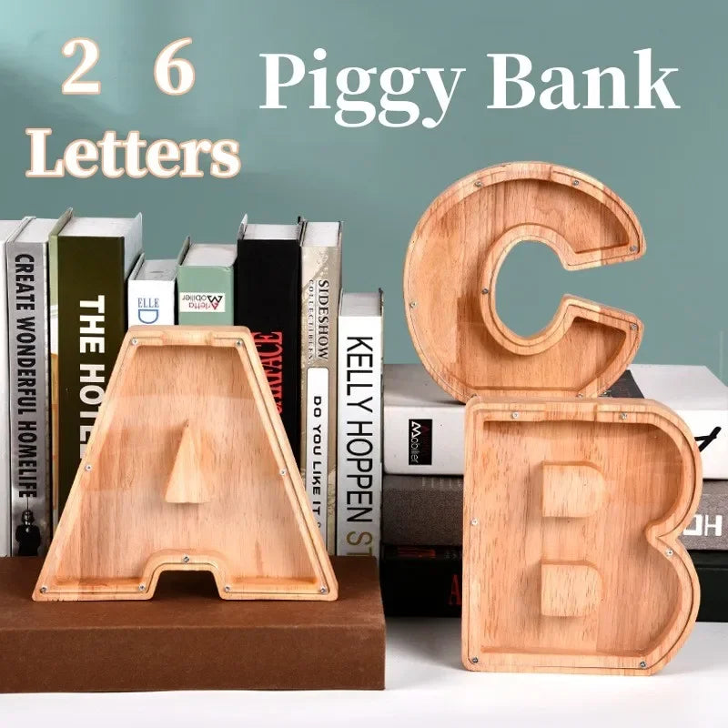 26-Letter Wooden Piggy Bank A-Z Alphabet Coin Money Box Kids Savings Jar Desktop Decor Gift