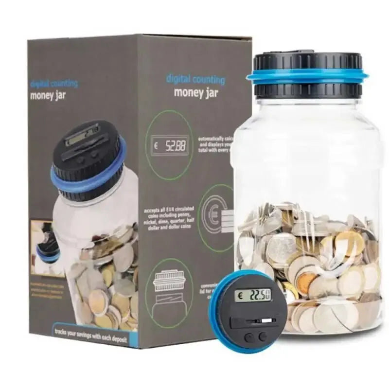 1.8L (61 fl oz) Smart Coin Counter Jar - Transparent Large Capacity Money Bank for USD, Euro, Pound Sterling