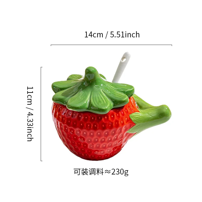 Ceramic Strawberry Oil & Vinegar Cruet - Fruit-Shaped Kitchen Seasoning Jar for Salt, Sugar, Soy Sauce
