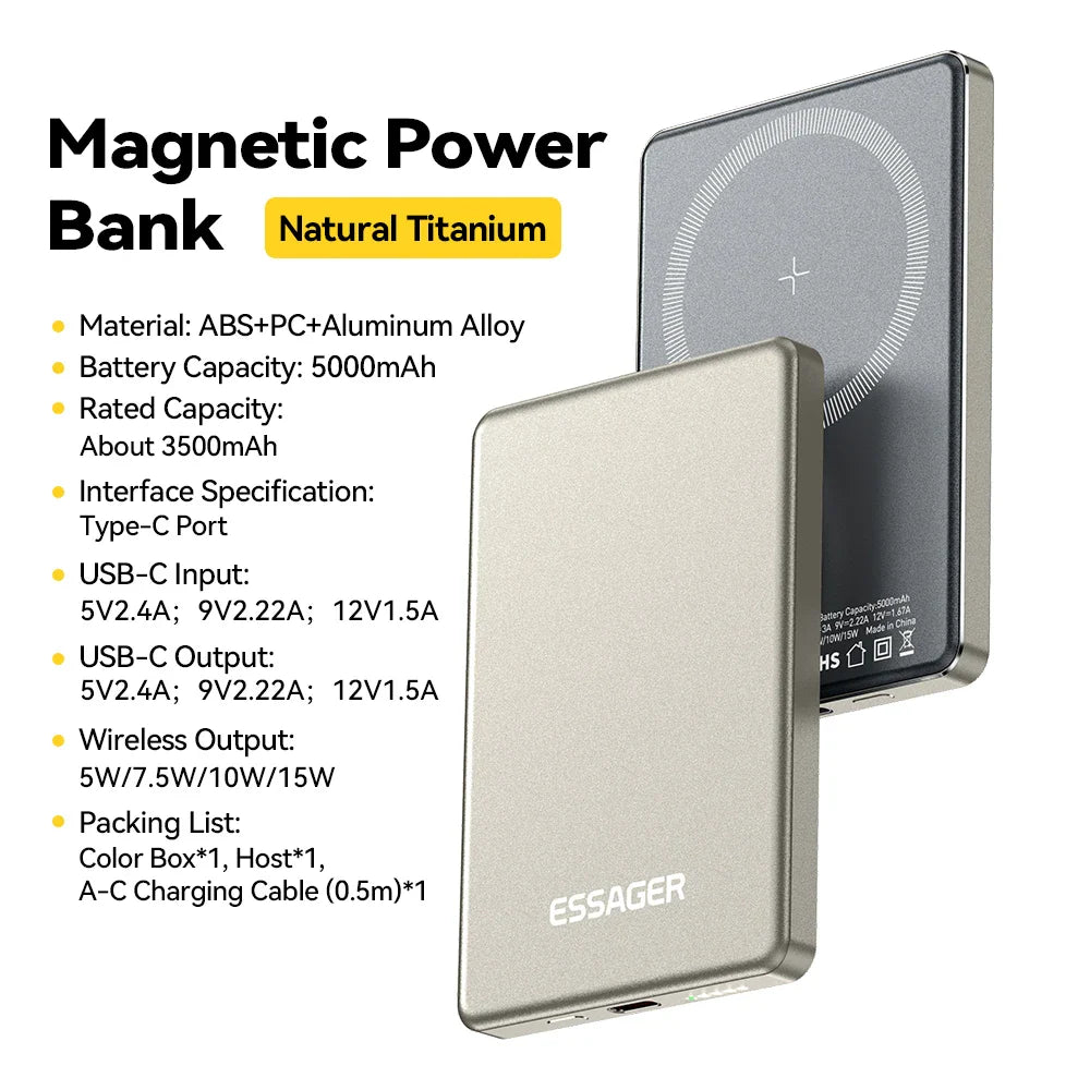 Magnetic 20W Wireless Power Bank 5000mAh — Thin Portable Fast USB-C Charger for Smartphones