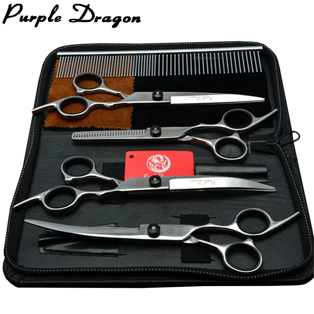 Dog Grooming Scissors Set 6" (15 cm) & 7" (17.5 cm) Stainless Steel Pet Shears — Thinning, Curved & Cutting