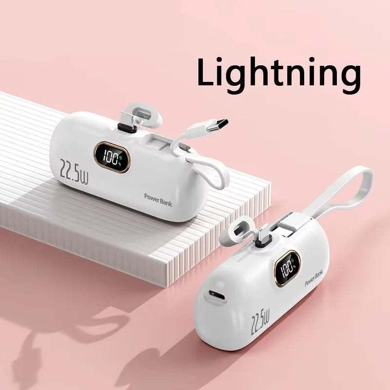 50000mAh Mini Capsule Power Bank 22.5W Fast Charging Portable External Battery with Built-in Cables & Digital Display Compatible with iPhone Huawei Samsung
