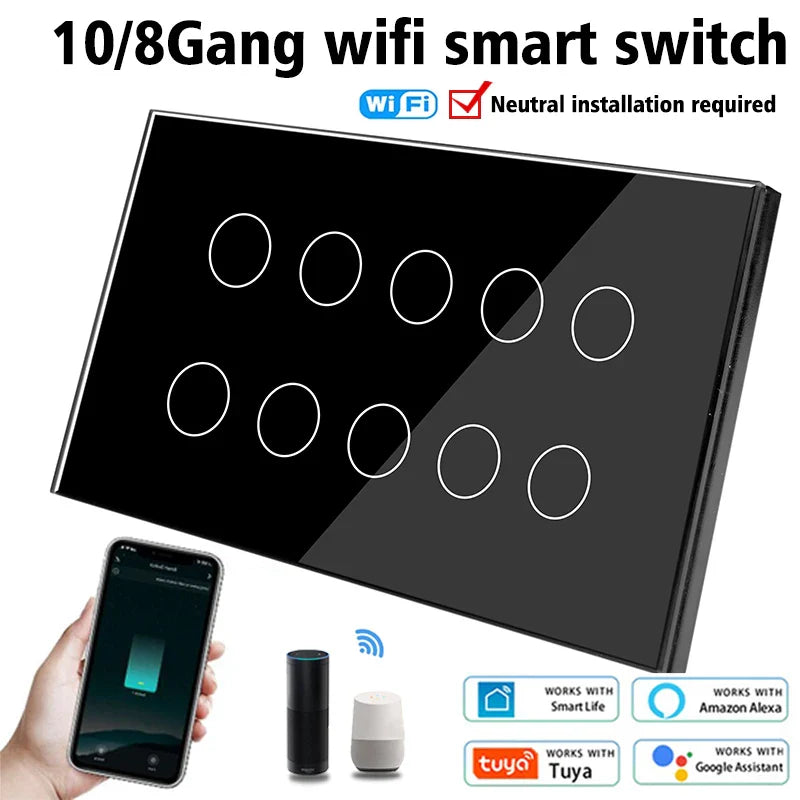WiFi Smart Touch Glass Wall Light Switch — 8 Gang or 10 Gang (147 x 86 x 38.5 mm / 5.79 x 3.39 x 1.52 in) — Tuya/Smart Life, Alexa & Google Home