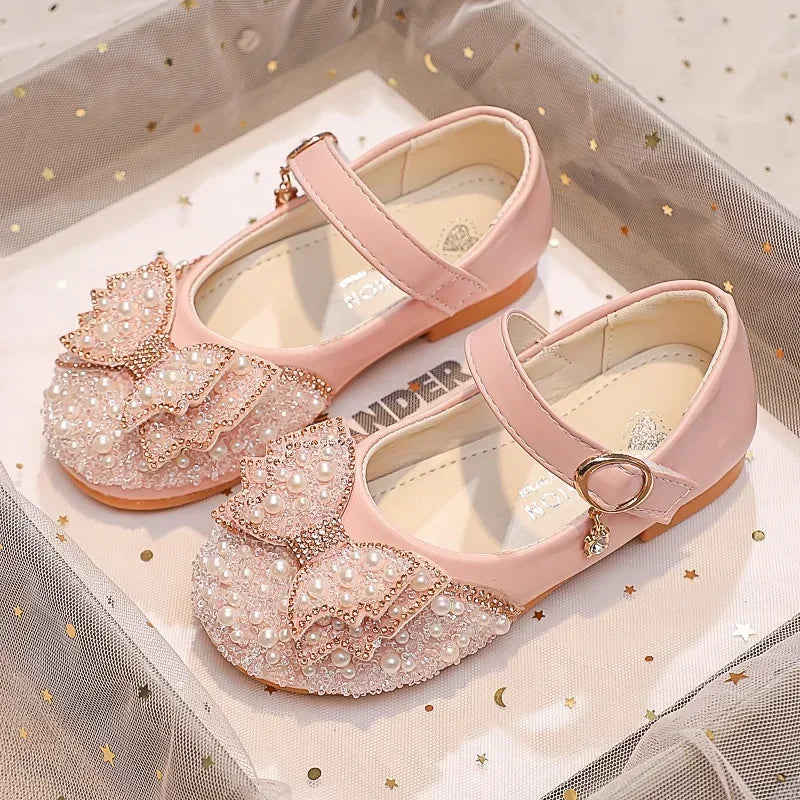 Girls Princess Glitter Ballet Flats, Rhinestone Party & Wedding Shoes — PU Leather, Non-Slip Rubber Sole