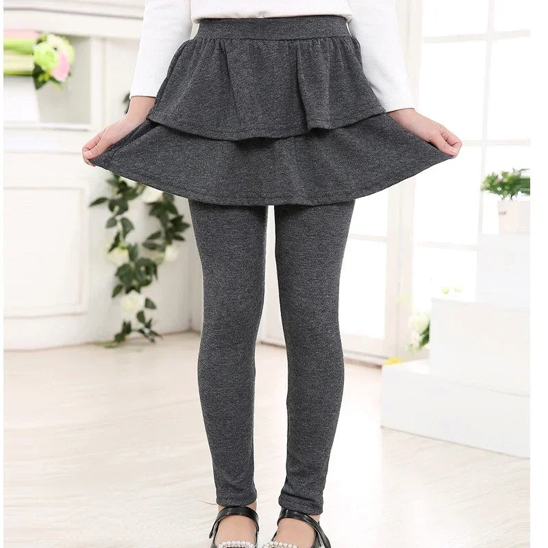Girls Skirted Leggings - Cotton-Blend Ruffled Cake Skirt Pants for Ages 3–11 (Spring/Autumn)