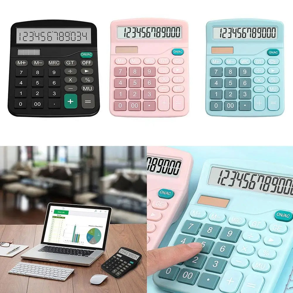 12-Digit Large LCD Dual-Power Desktop Calculator — Solar + AA Backup, Standard & Financial Functions