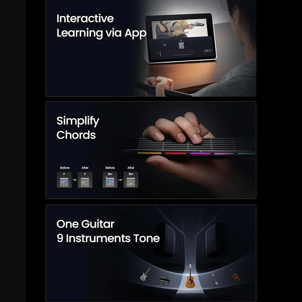 Smart Hybrid Portable Guitar – Pain-Free Silicone Strings, 9 Instrument Sounds (Electric, Acoustic, Bass, Ukulele), Built-in Speaker & Mic, MIDI Controller, 13,500mAh Battery