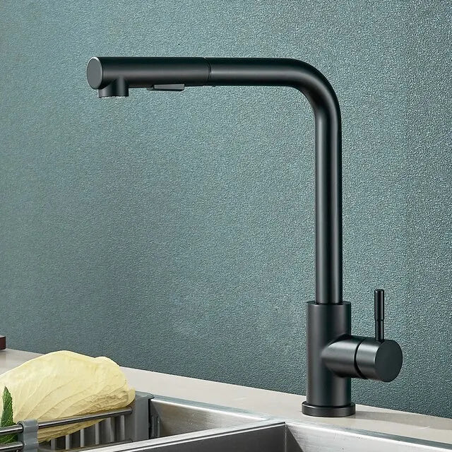 Matte Black Pull-Out Kitchen Faucet Flexible Spout 2 Modes Stream & Spray 304 Stainless Steel Deck-Mount Hot Cold Mixer
