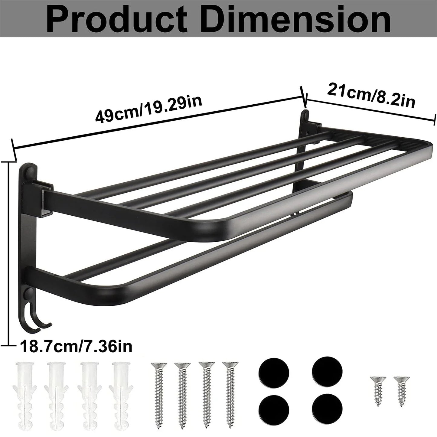 50 cm (19.7 in) Matte Black Folding Wall-Mount Aluminum Towel Rack with Hook, Double Bar