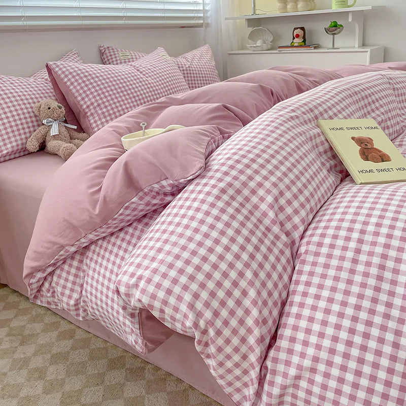 Nordic Plaid Washed Cotton Bedding Set - Duvet Cover + Pillowcases & Flat Sheet - Twin/Full/Queen/King