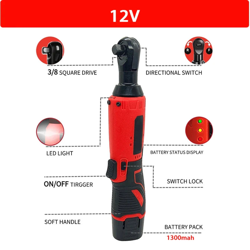 Cordless Right Angle Impact Wrench 3/8 in (9.5 mm) — 12V/18V Brushless Rechargeable Electric Ratchet Driver for Auto & DIY