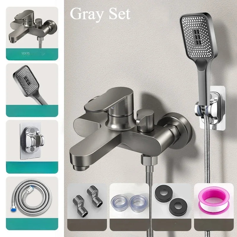 Wall-Mount Bathtub Faucet Mixer with Handheld Shower – 3-Mode Spray, 150 cm (59 in) Hose, Chrome-Plated Brass