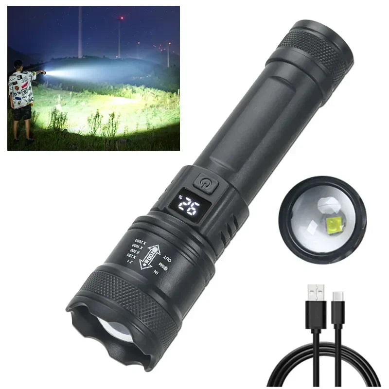 2000LM Tactical LED Flashlight with LCD Battery Display — USB-C Rechargeable Zoom Torch, IP67 Waterproof Power Bank for Camping & Emergency