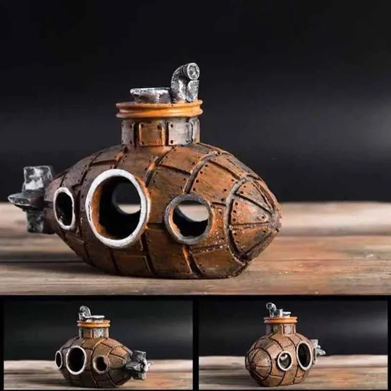 Resin Submarine Aquarium Ornament - Fish Tank Decoration & Shrimp Shelter (13 x 6 x 9 cm / 5.1 x 2.4 x 3.5 in) - Mini 5 x 3.3 x 2.3 cm (2.0 x 1.3 x 0.9 in)