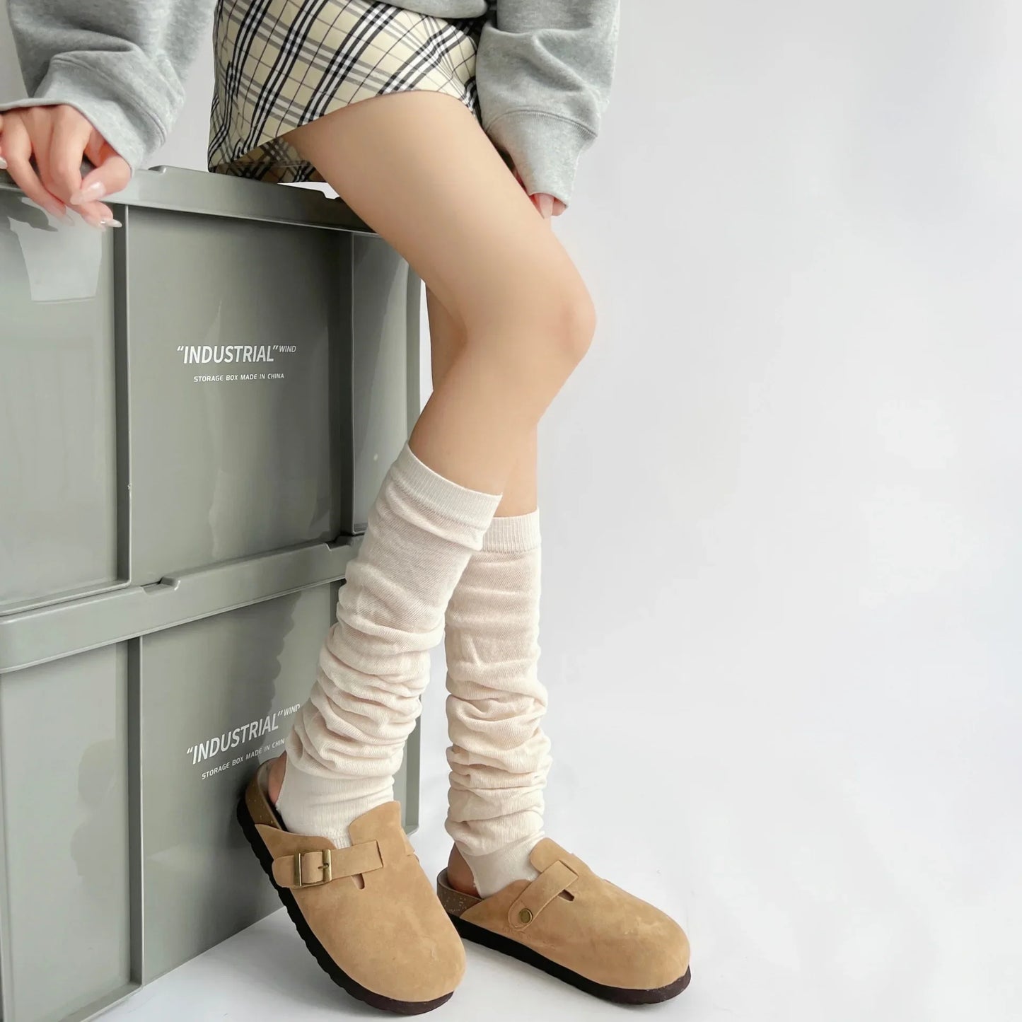 Women's Gray Knit Calf Leg Warmers - Cotton-Blend Ballet Pile Socks for Autumn