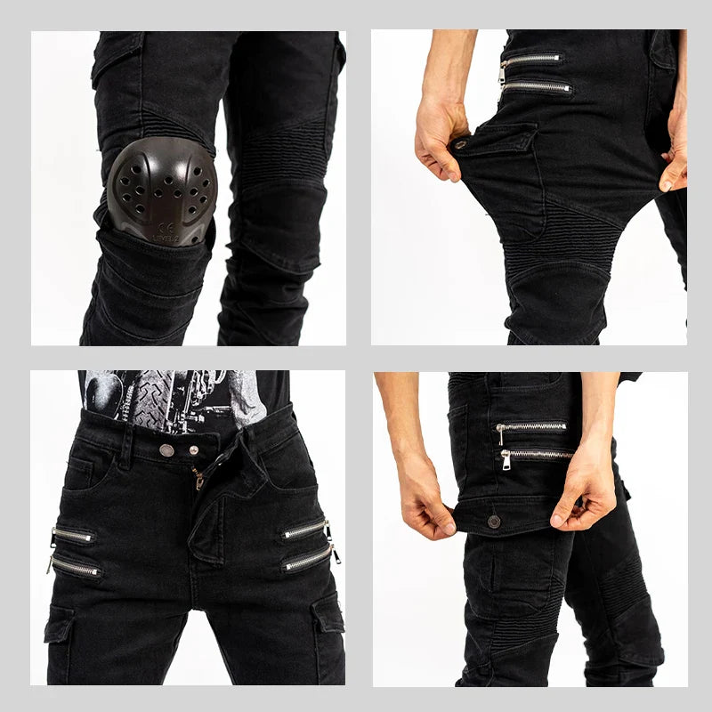 Unisex Motocross Motorcycle Riding Jeans with Removable Knee Pads – Double-Zip Moto Trousers