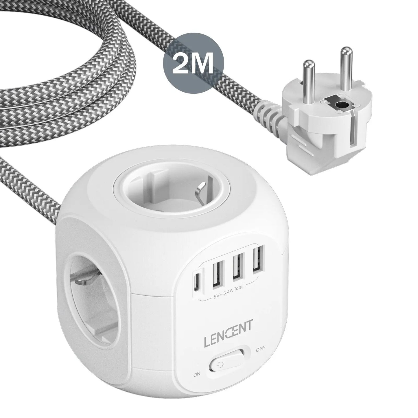 EU Plug Power Strip Cube — 4 AC Outlets, 3 USB-A + 1 USB-C (4 Ports), 2500W, Overload Protection, 2m/3m Braided Cable (6.6ft/9.8ft)