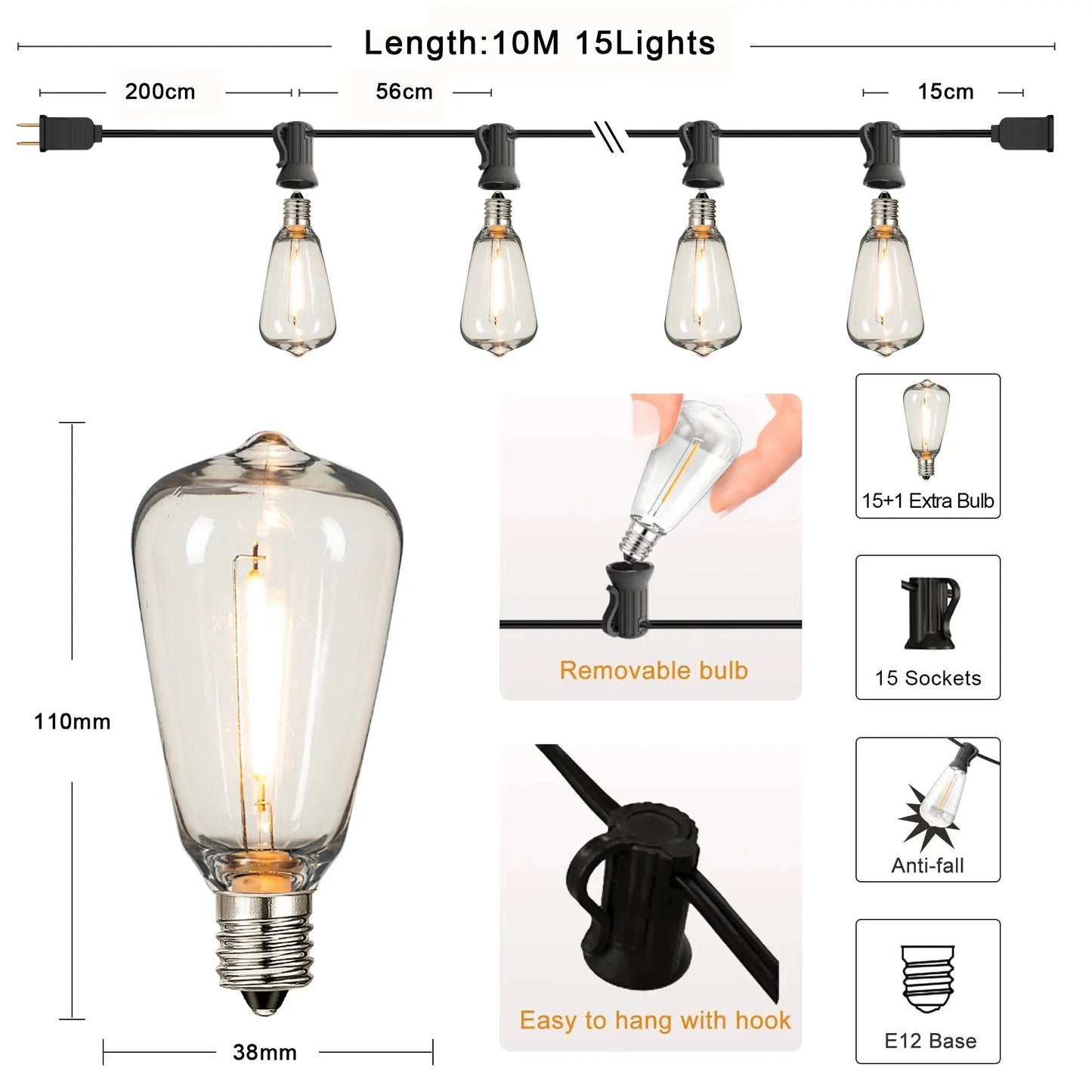 Connectable Waterproof LED String Lights with Shatterproof Water-Drop Bulbs – Dimmable Patio & Garden Garland
