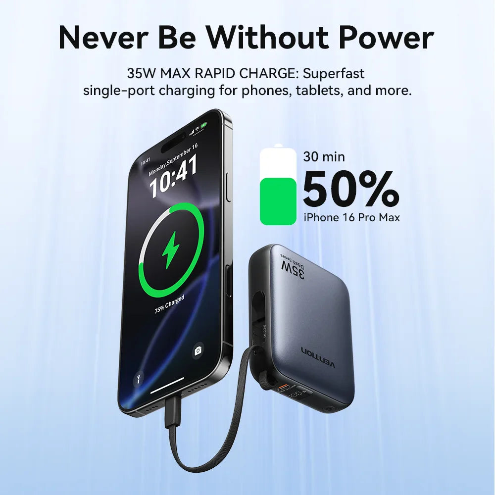 35W 10000mAh Mini Power Bank PD Fast Charge with Built-in USB-C Cable, LED Display, Dual-Port Portable Charger