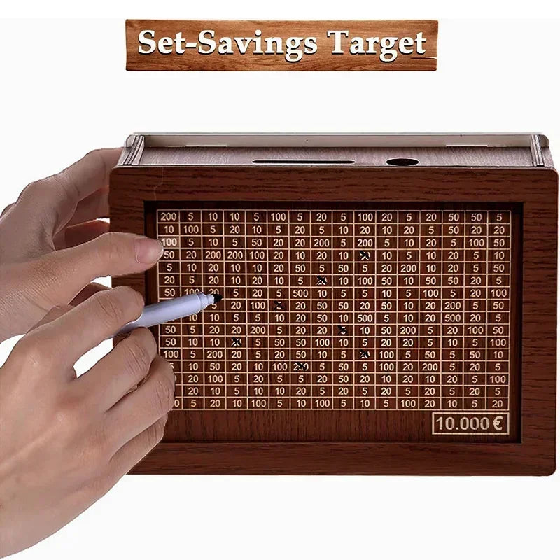 Handmade Wooden Money Box with Savings Tracker – Reusable Piggy Bank for Kids & Adults (10,000 Savings Challenge)